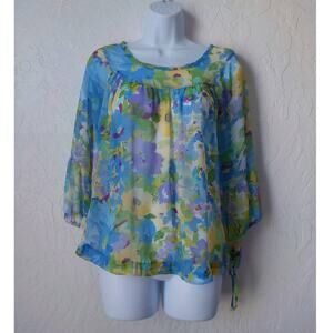 Xhilaration Multicolor Floral Blouse Tunic 3/4 Sleeves Women 6 Flowy Chiffon